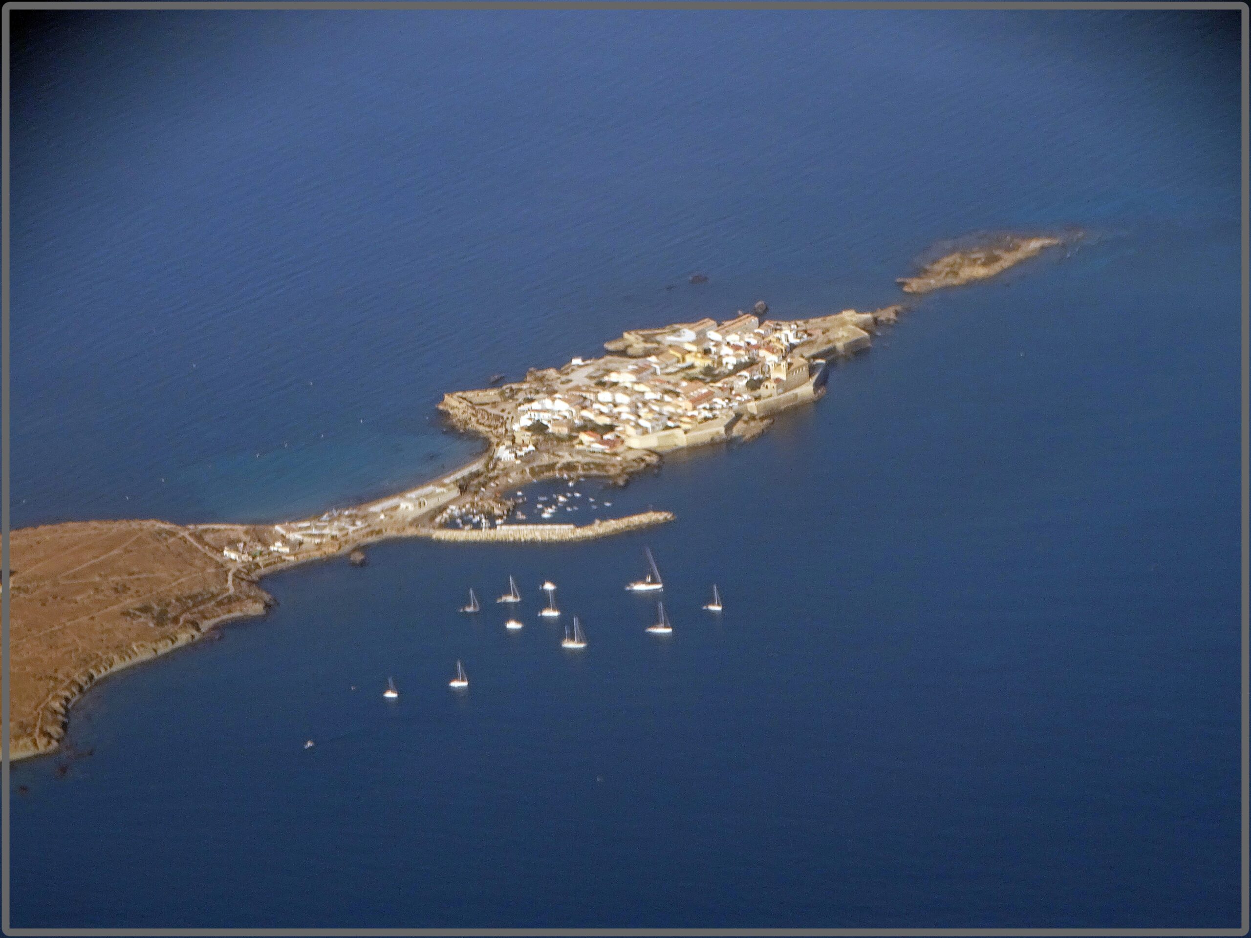 Aerial view of Isla de Tabarca and its harbour off the coast of Alicante