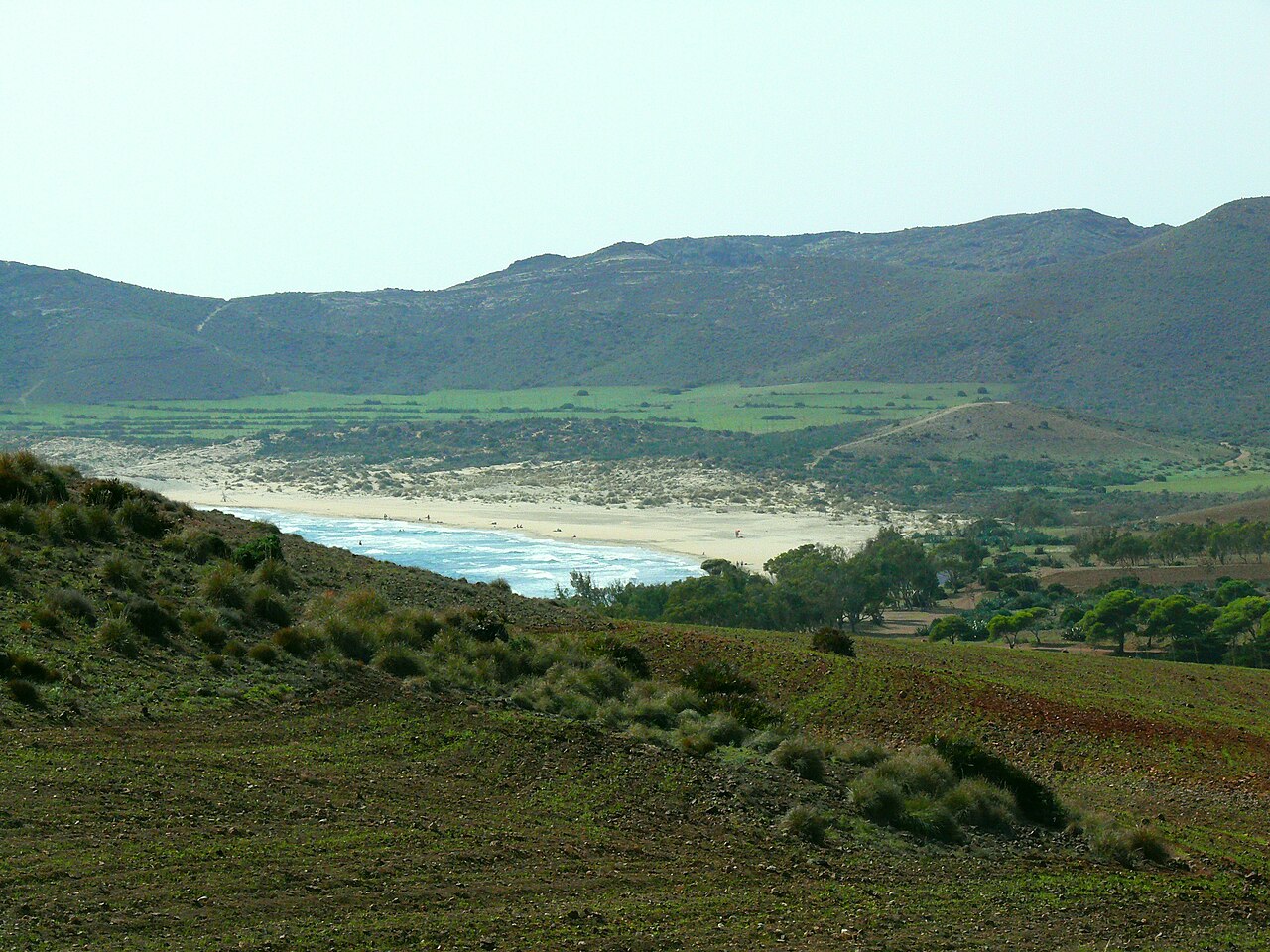 The wide bay of Playa de los Genoveses backed by dunes and dry hills, Cabo de Gata